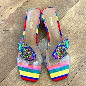 J. Renee colorful sandals with gold heel & beaded fish on clear vinyl strap 10